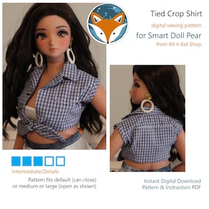 May include: A blue and white checked tied crop shirt, designed for Smart Doll Pear. The digital sewing pattern is from Kit n Kat Shop. The shirt is shown open and tied at the waist. The image also includes the shop's logo and text.