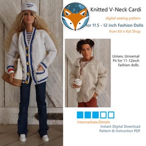 May include: A white knitted V-neck cardigan with navy blue trim and gold buttons is shown on a fashion doll. The image also shows a second doll wearing a similar cardigan. The text on the image says "Knitted V-Neck Cardi" and "digital sewing pattern".