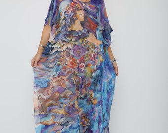 100 % pure silk chiffon, hand painted, beach dress, kaftan