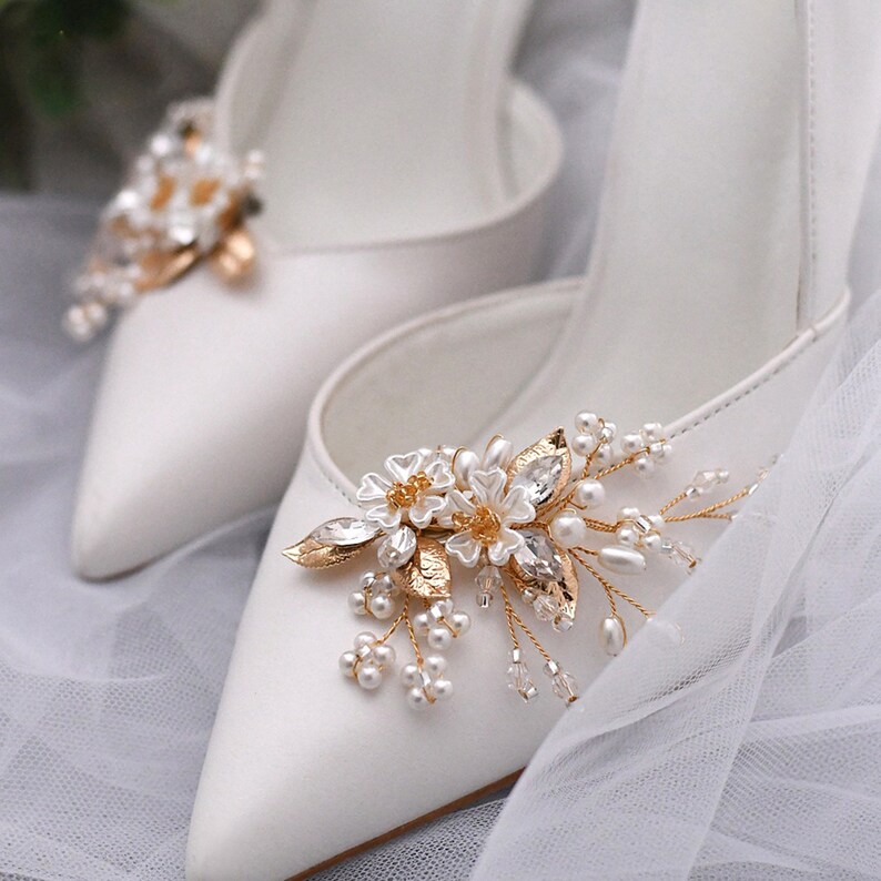 Pearl Rhinestone Crystal Flower Gold Shoe Clips Flower Shoe Etsy