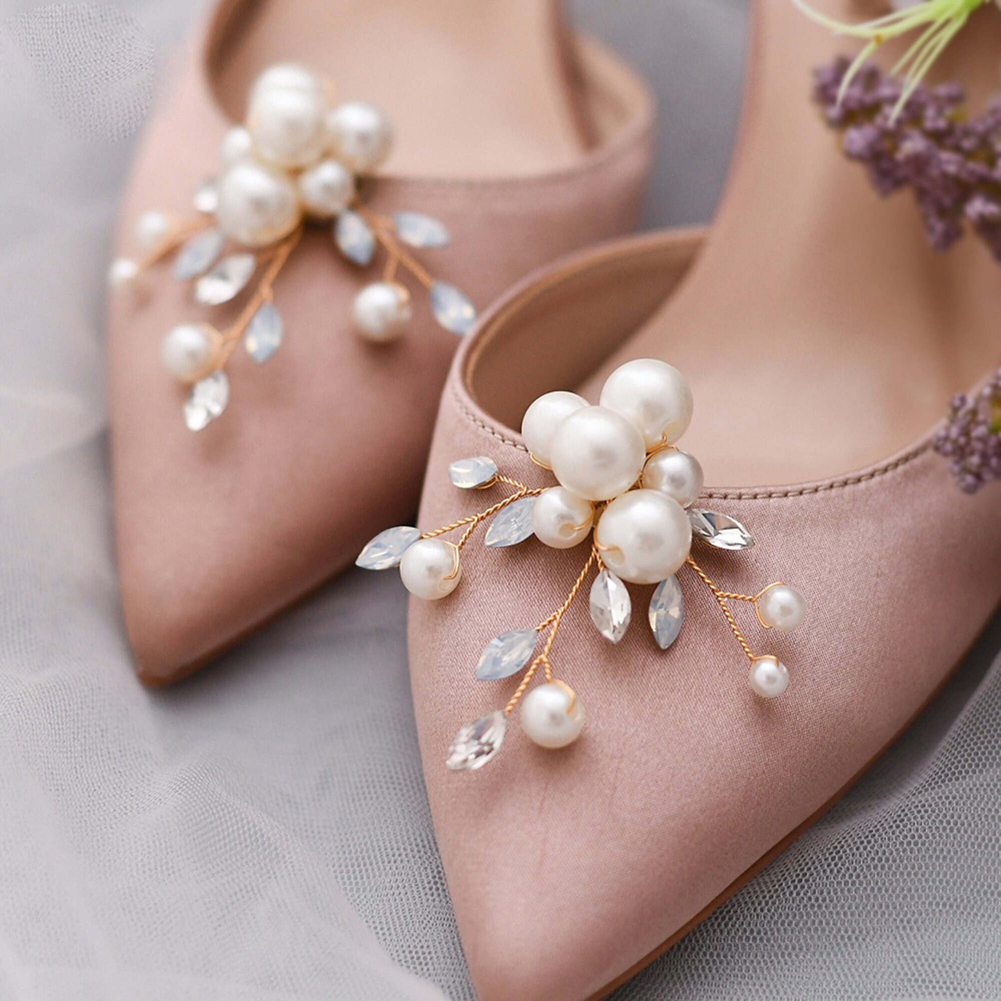 White Pearl Rhinestone Flower Shoe Clips Gold Wedding Shoe Etsy