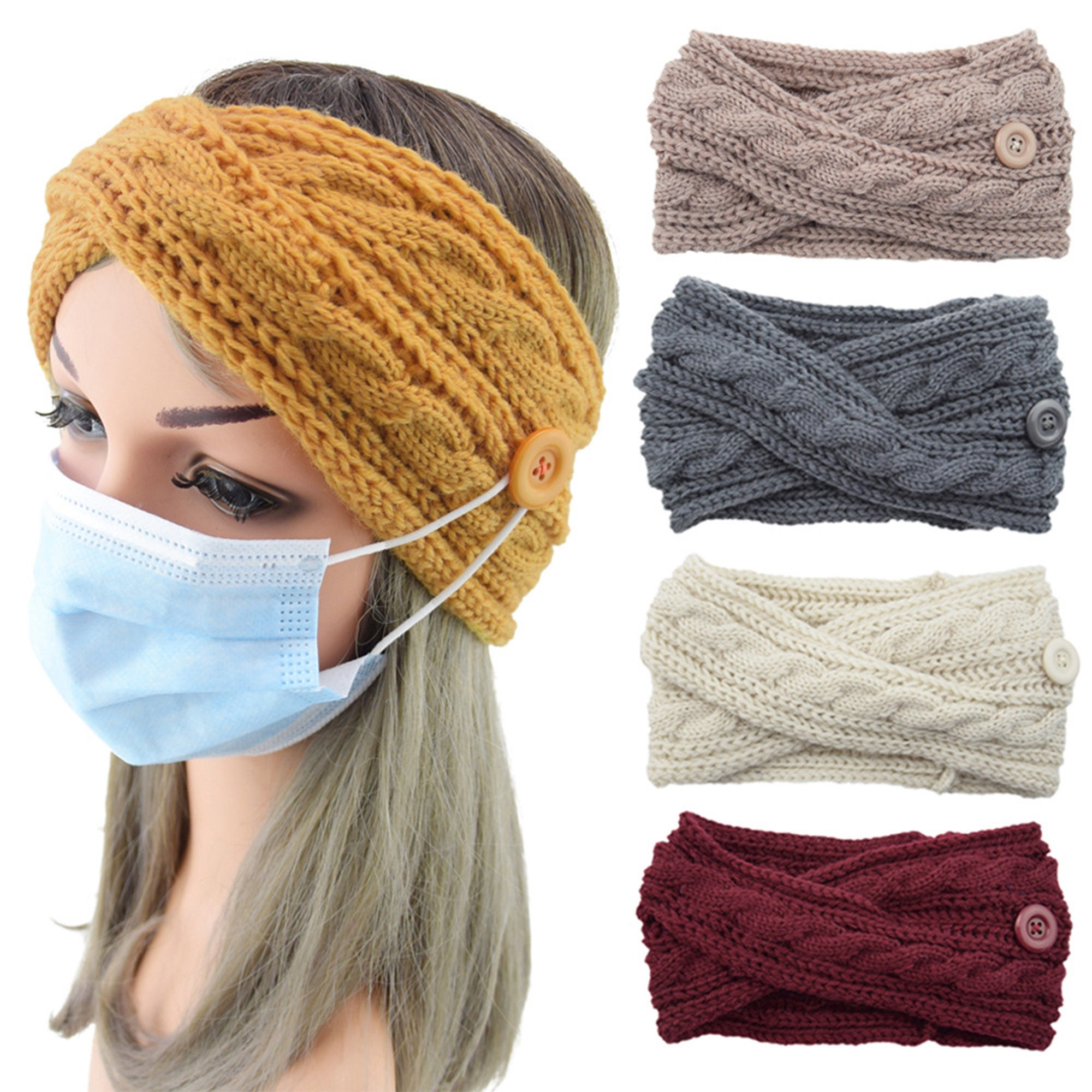 Multicolor headbands with buttons to hold on your face mask. Etsy