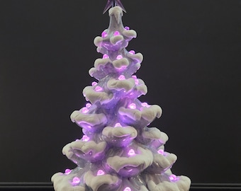 Vintage Style Lavender, Periwinkle and Purple Ceramic Christmas Tree with Snow