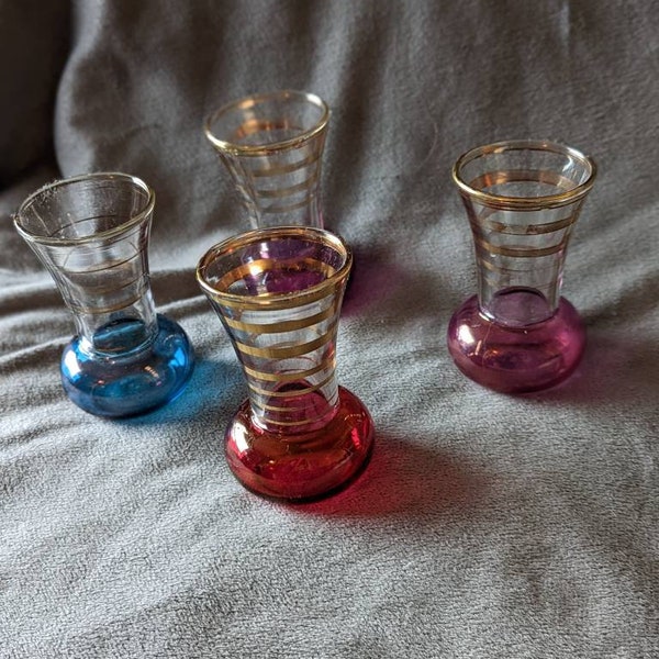 Bartlett-Collins | Bud Vase Set | Red Turquoise Pink Purple | Atomic Gold Stripes | Some Wear | Etsy Canada | Etsy Manitoba | Etsy Winnipeg
