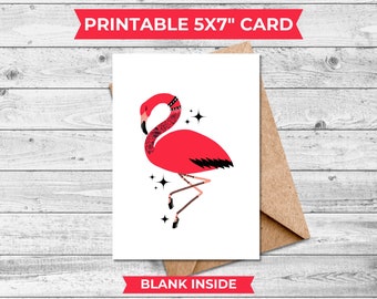 Punk Flamingo Cute Fun Bright Pink Printable Folded 5x7" Blank Greeting Card Instant Digital Download