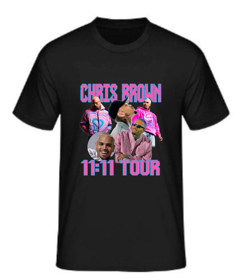 May include: Black t-shirt with a graphic of Chris Brown in a collage of images. The text "Chris Brown" and "11:11 Tour" is printed in pink and blue.