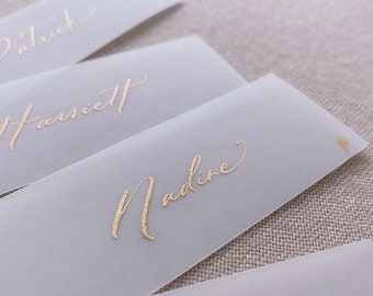 Gold Ink Vellum Wedding Place Cards, Place Cards Strips, Handlettered Escort Cards, Calligraphy Name Cards, Personalized Name Cards