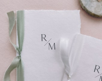 Personalized Monogram Wedding Vow Books Set of 2: Handmade Cotton Paper Silk Ribbon, Keepsake