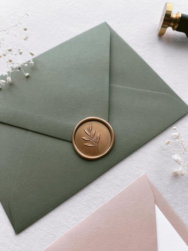 leaf branch design gold wax seal on olive green thank you card envelope