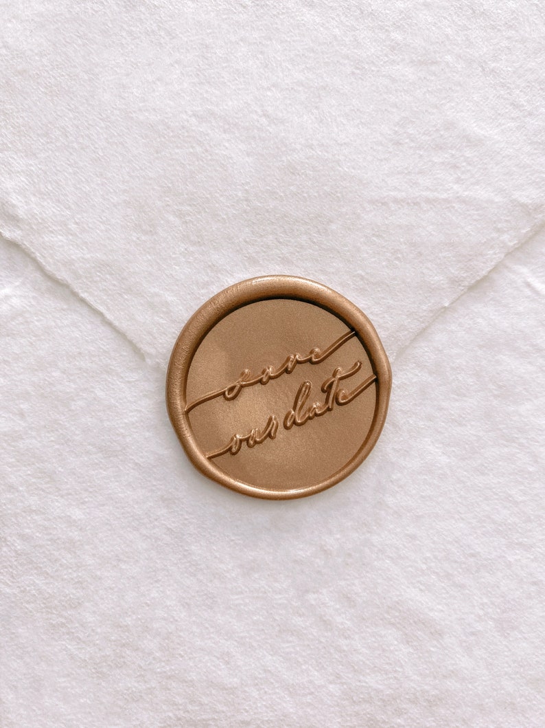 Calligraphy script Save our Date gold wax seal on white handmade paper envelope