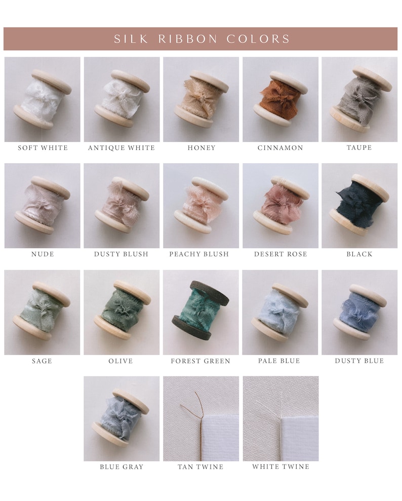 Silk ribbon color chart in 16 color options and 2 color options for fine European twine