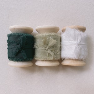 Green Silk Ribbon Set | 1-inch Width x 5.5 Yards Hand-Dyed Raw Edge Silk Ribbon on Wooden Spool