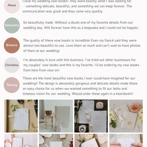 5 customer reviews and a collage of 8 images of wedding vow books