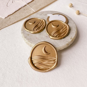 Pegatinas de sellos de lacre, sellos de lacre 3D de luna y océano, sellos de lacre costeros, sellos de lacre prefabricados, sellos de lacre autoadhesivos para invitaciones de boda