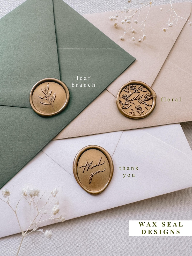 gold wax seals featuring designs of leaf branch, flower, and the phrase thank you, on olive green, beige, and white envelopes