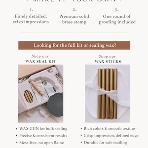 Poster image featuring product attributes and photos of a wax seal kit and a set of wax sticks