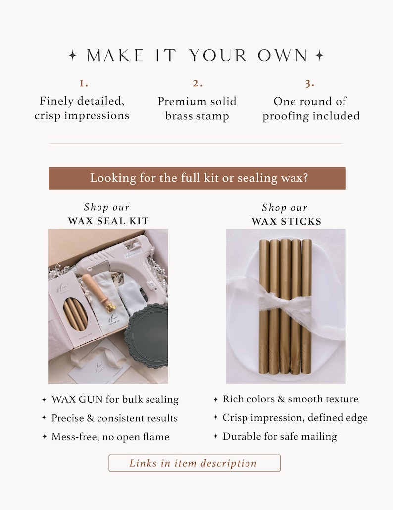 Poster image featuring product attributes and photos of a wax seal kit and a set of wax sticks
