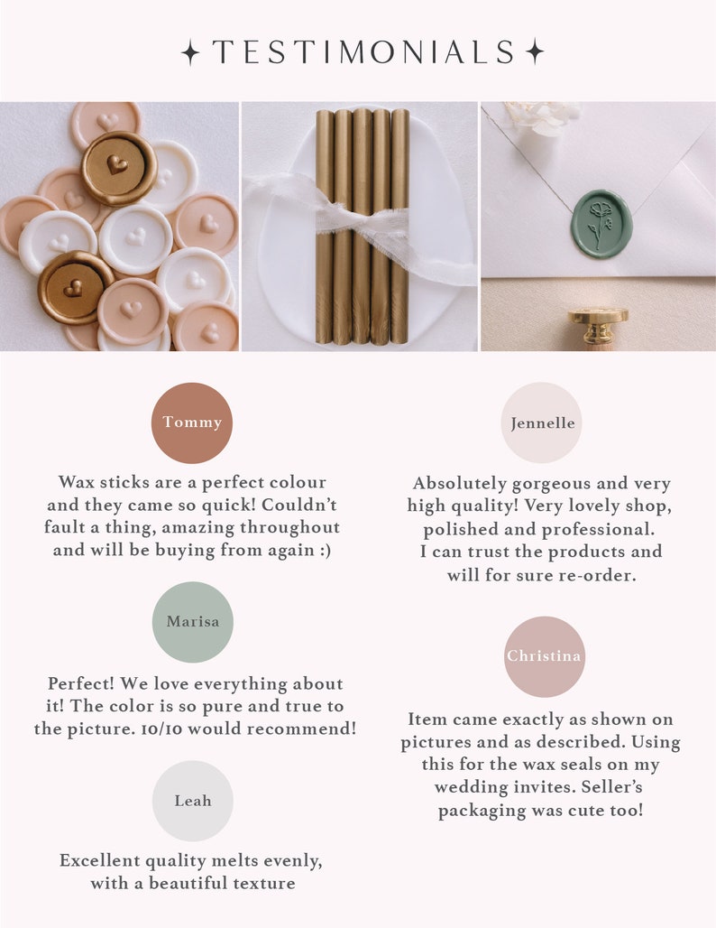 Poster featuring customer reviews for sealing wax