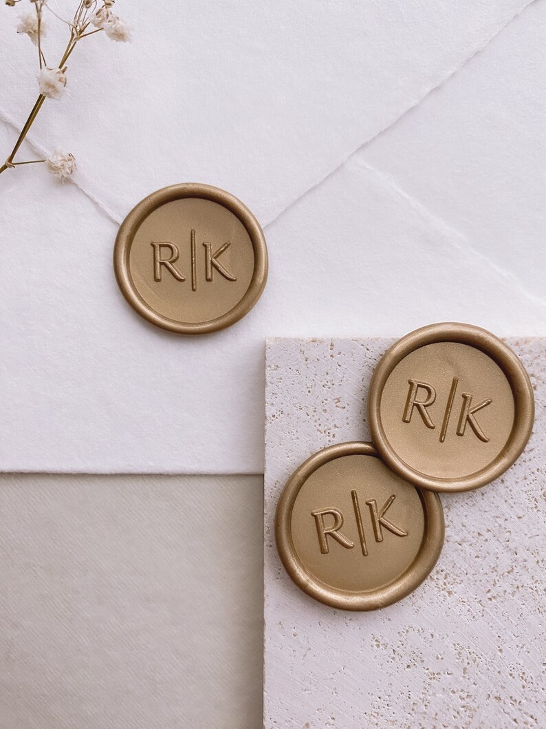 Modern typeface font monogram round wax seal stickers in gold