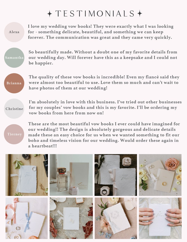 5 customer reviews and a collage of 8 images of wedding vow books