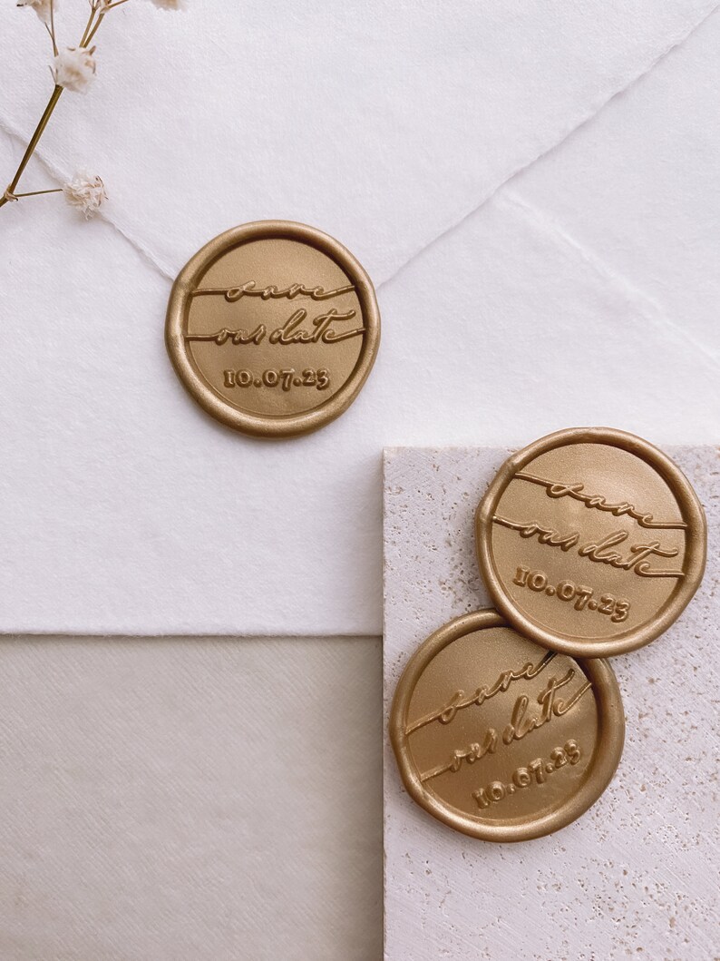 Personalized Save Our Date wax seal stickers in gold