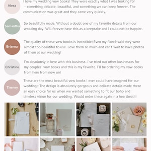 5 customer reviews and a collage of 8 images of wedding vow books