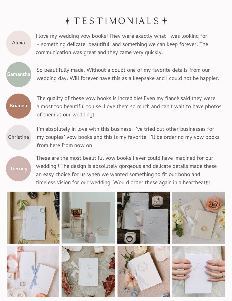 5 customer reviews and a collage of 8 images of wedding vow books