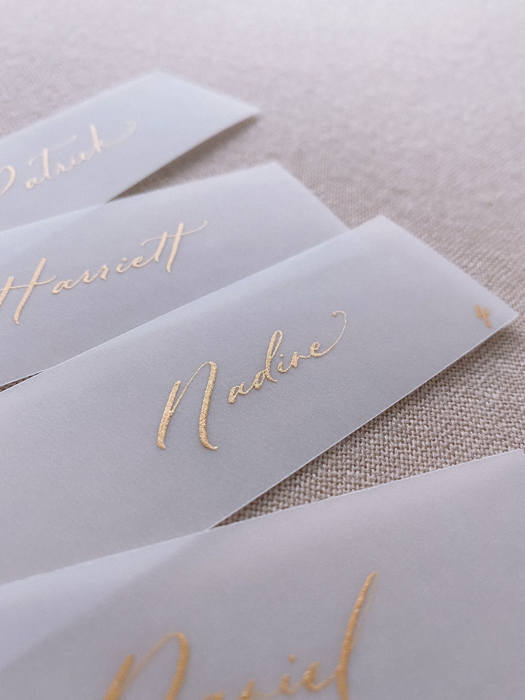 Gold Ink Vellum Wedding Place Cards, Place Cards Strips, Handlettered