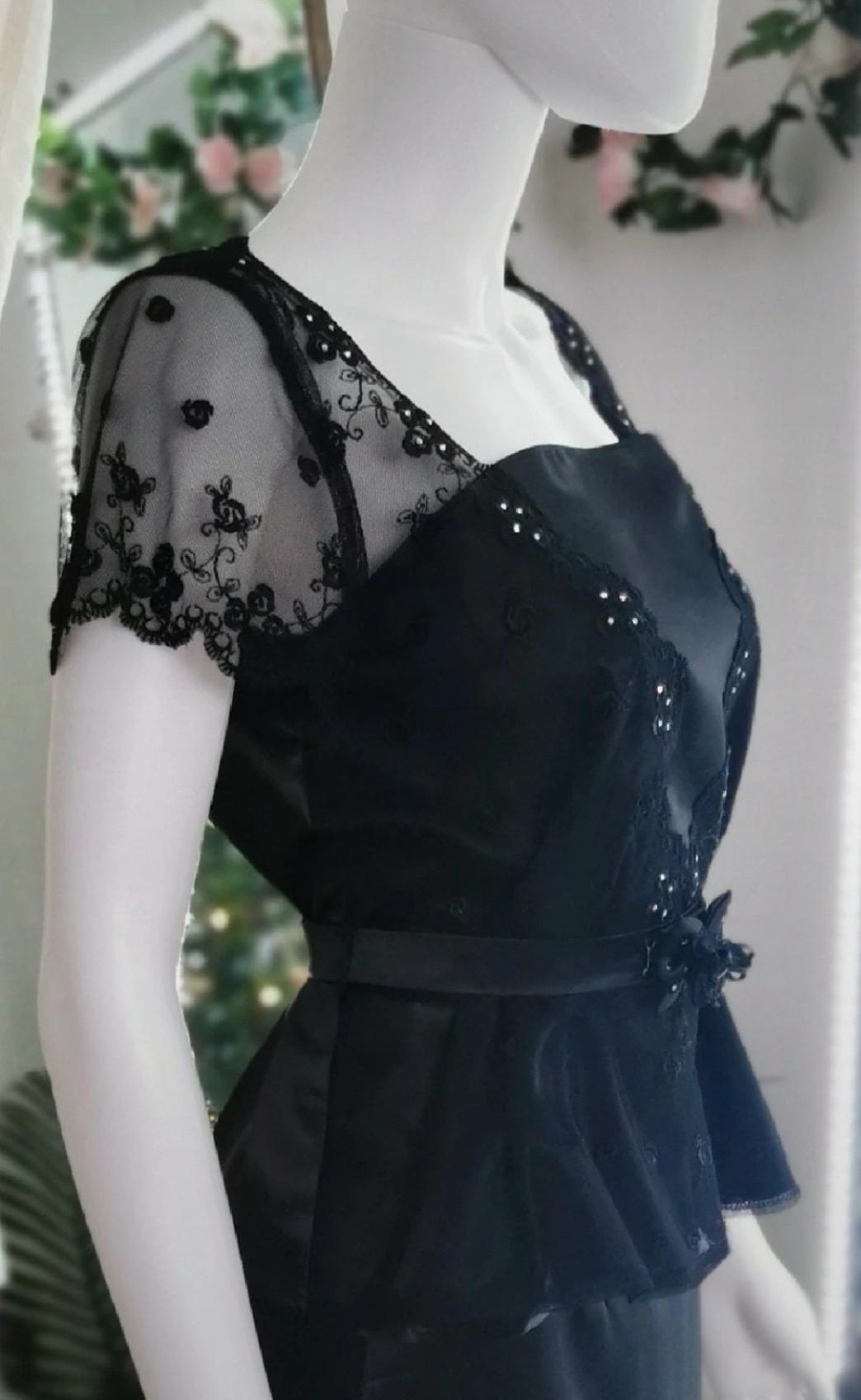Vintage Black Lace Peplum Top | Gothic Satin Blouse with Sheer Sleeves & Floral Belt Elegant Evening Wear