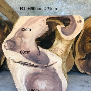 May include: A large, natural wood stump with a unique shape and a hole in the center. The stump is 48 inches wide, 80 inches tall, and 82 inches long. R1. H99cm. D21cm