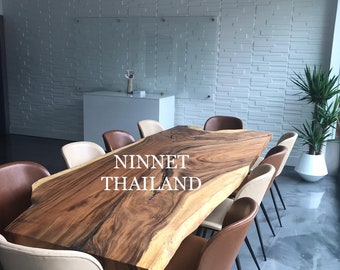 Mesa de comedor de madera de acacia con borde natural, placa individual recuperada, mesa de conferencias grande