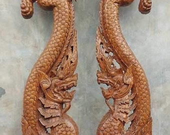 Thai wood carving dragon set on stand hand made teak
