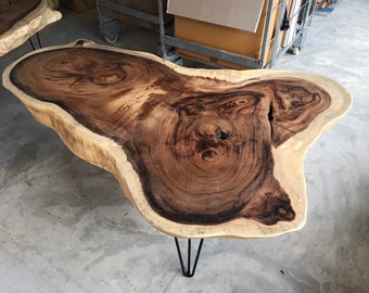 Live Edge Acacia Wood Coffee Table, Natural Round Slab, Steel Legs