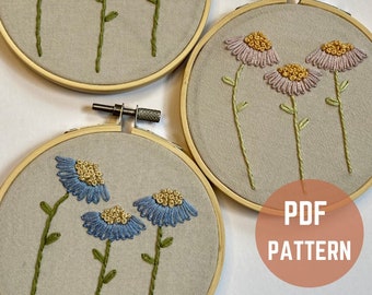 Daisy trio digital embroidery pattern | Digital pdf pattern | Beginner embroidery pattern pdf | Floral pattern | Embroidery stitch sampler