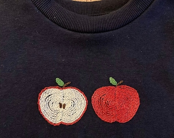 Adorable hand embroidered, unisex apple sweatshirt jumper | Upcycled, slow fashion | Size 4 years | Navy blue with red apples |