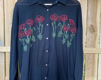 Upcycled hand embroidered extra long black blouse with red poppies | Button down shirt | Upcycled fashion | Size medium | Hand made |