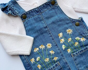 CUSTOM Hand embroidered daisies on soft baby denim dungarees | Pocket full of daisies | Wild flower | Embroidery | Size