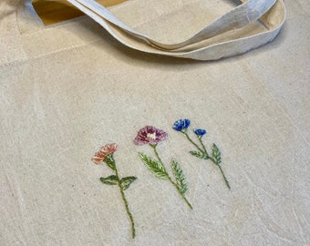 Hand embroidered trio of wild flowers on natural cotton tote bag | Upcycled Refashioned | Cotton shopper | Embroidery