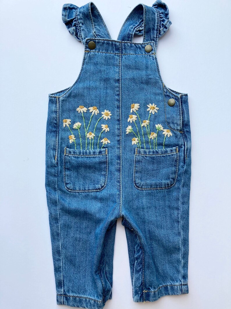 Hand Embroidered Daisies on Soft Baby Denim Dungarees Pocket Etsy