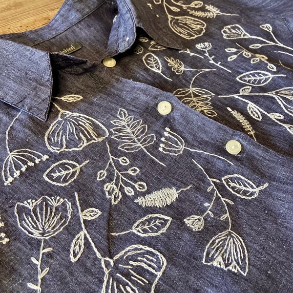Upcycled hand embroidered blue linen womens shirt | Modern monochrome white floral patterns | Embroidery | Upcycled fashion | Size small 8