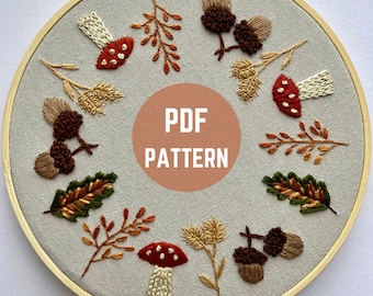 Autumn Forrest digital embroidery pattern | Modern Beginner Embroidery Pattern | Photo guide + Video Tutorial | Woodland embroidery Hoop Art