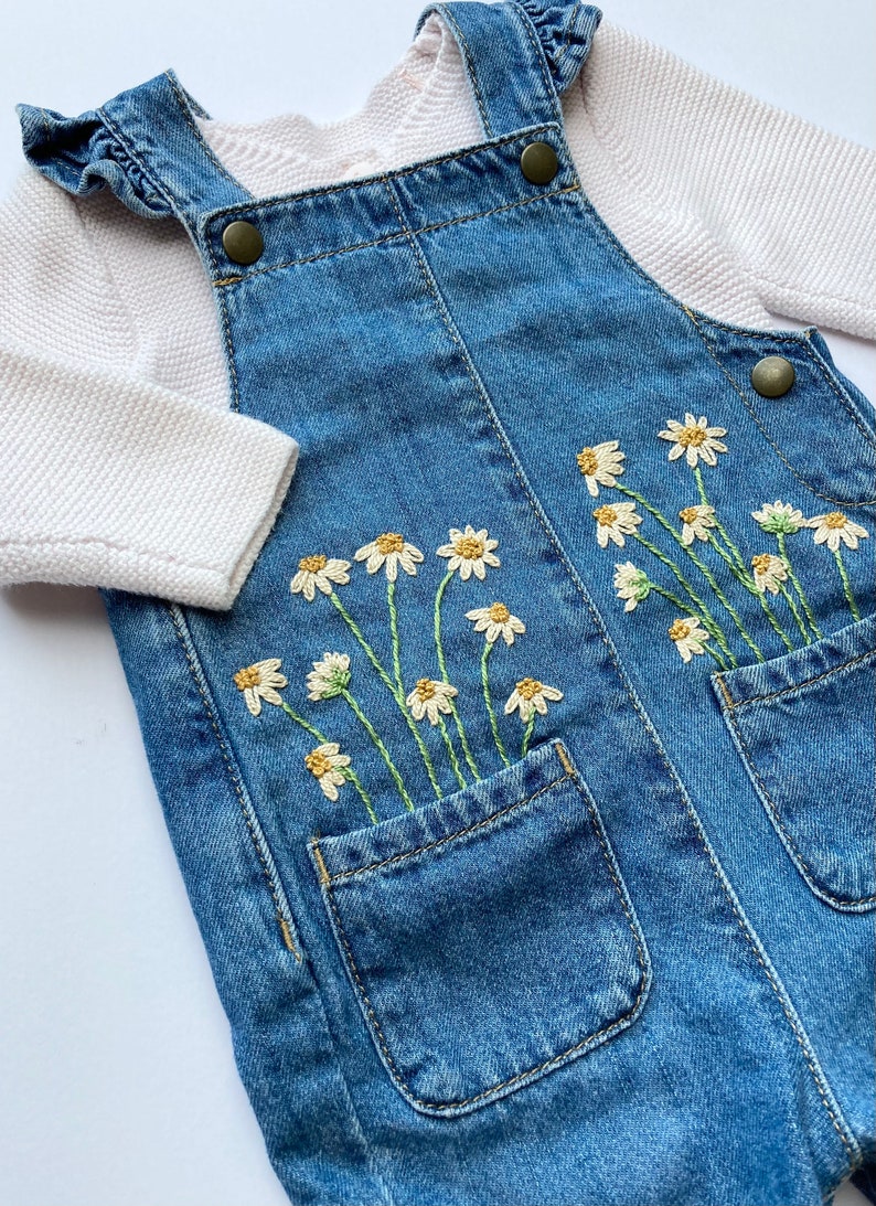 Hand Embroidered Daisies on Soft Baby Denim Dungarees Pocket Etsy