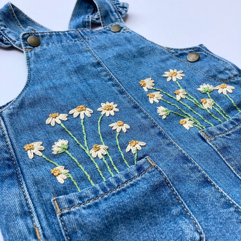 Hand Embroidered Daisies on Soft Baby Denim Dungarees Pocket Etsy