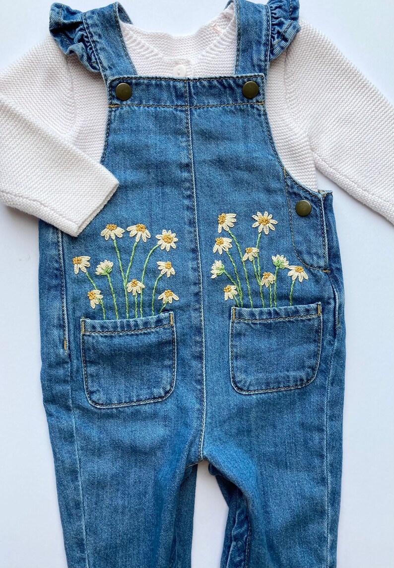 Hand Embroidered Daisies on Soft Baby Denim Dungarees Pocket Etsy