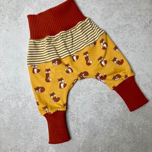 May include: A pair of yellow baby pants with a fox print and red ribbed cuffs and waistband.