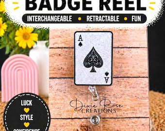 Playing Card Badge Reel, Glitter Casino ID Holder