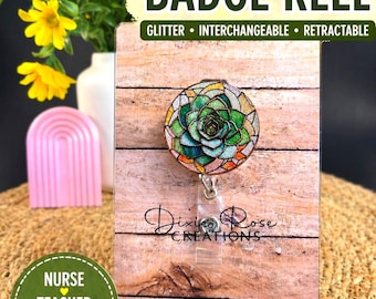 Succulent Badge Reel | Retractable Clip Floral Nurse Teacher Plant Lover Holder