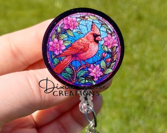 Cardinal Stained Glass Interchangeable Retractable Badge Reel