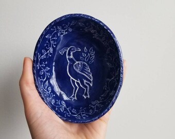 Handmade Sgraffito Clay Bowl: Peacock & Floral Trinket Dish