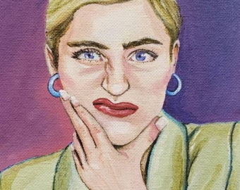 May include: A painting of a woman with short blonde hair wearing a light green jacket and blue hoop earrings. She has blue eyes and is looking at the viewer with a serious expression. Her hand is resting on her chin.